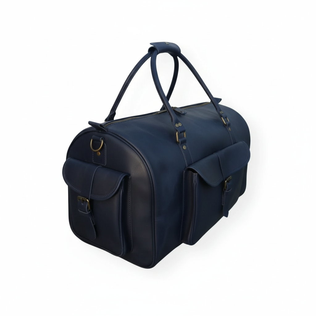 Navy Full-Grain Leather Duffel Bag – Men’s Travel & Gym Holdall