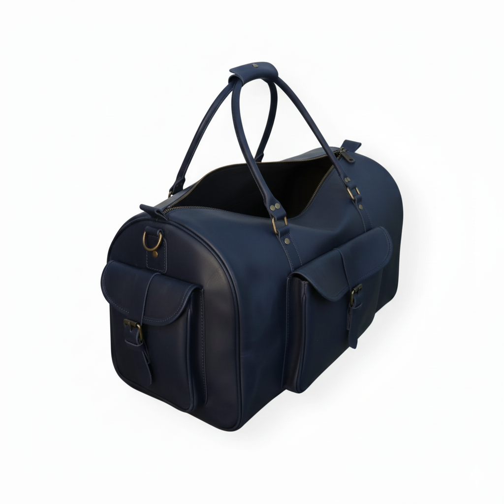 Navy Full-Grain Leather Duffel Bag – Men’s Travel & Gym Holdall