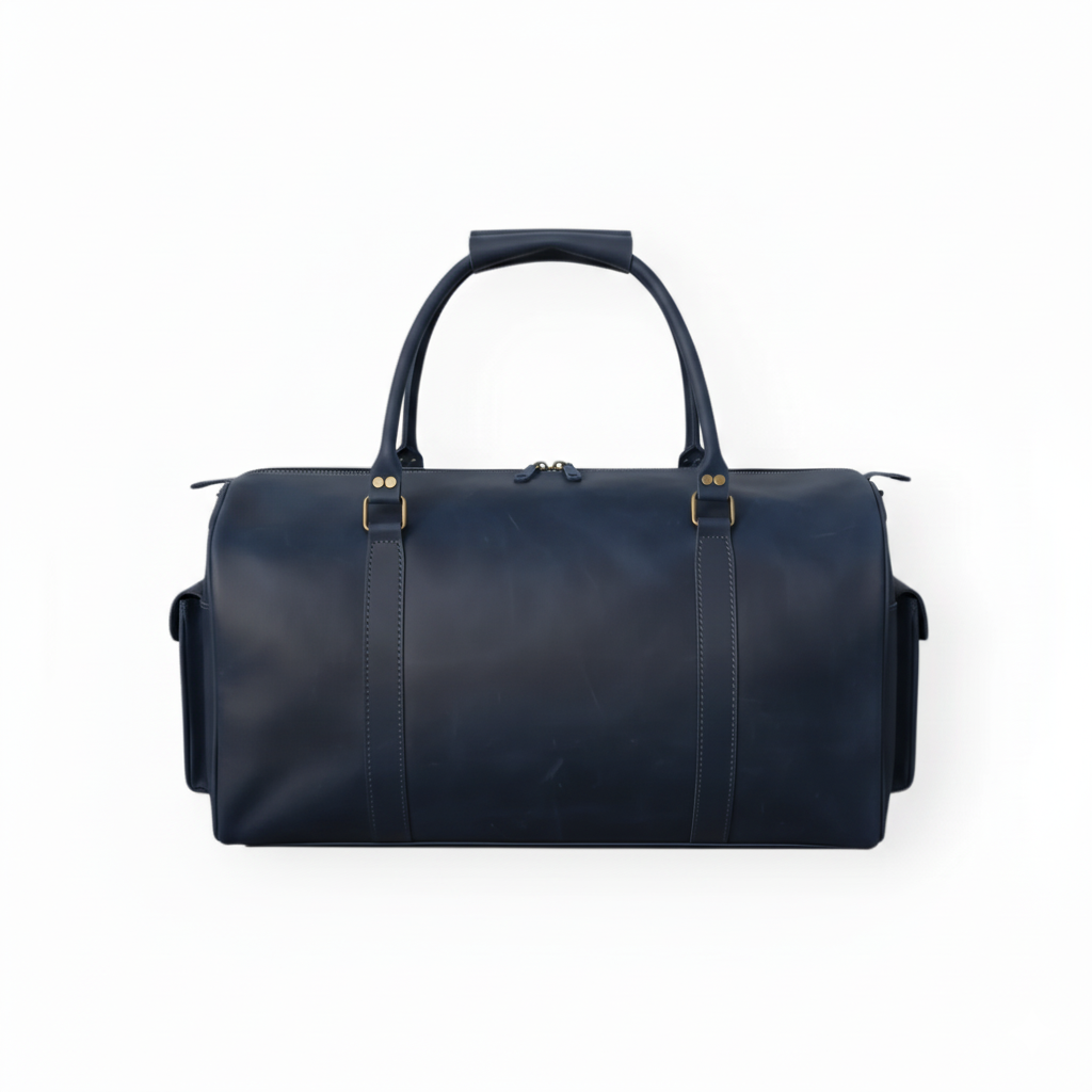 Navy Full-Grain Leather Duffel Bag – Men’s Travel & Gym Holdall