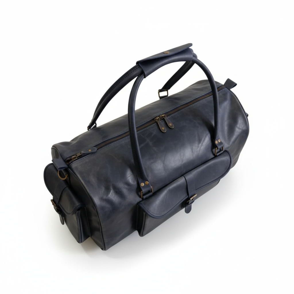 Navy Full-Grain Leather Duffel Bag – Men’s Travel & Gym Holdall