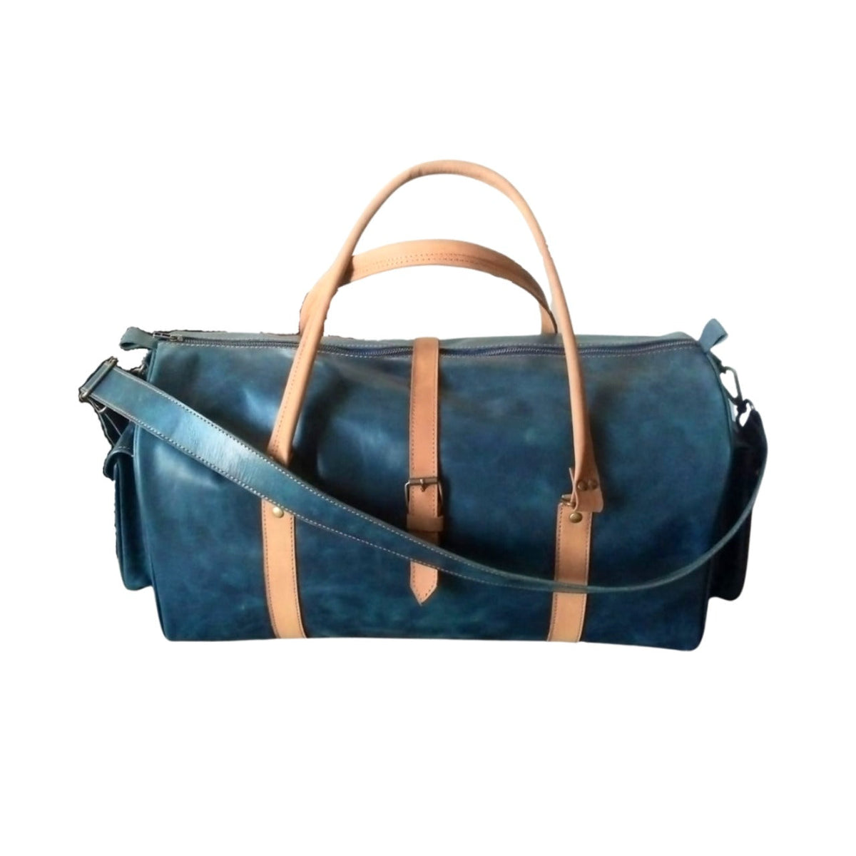 Navy & Tan Full-Grain Leather Duffel Bag – Travel Weekender