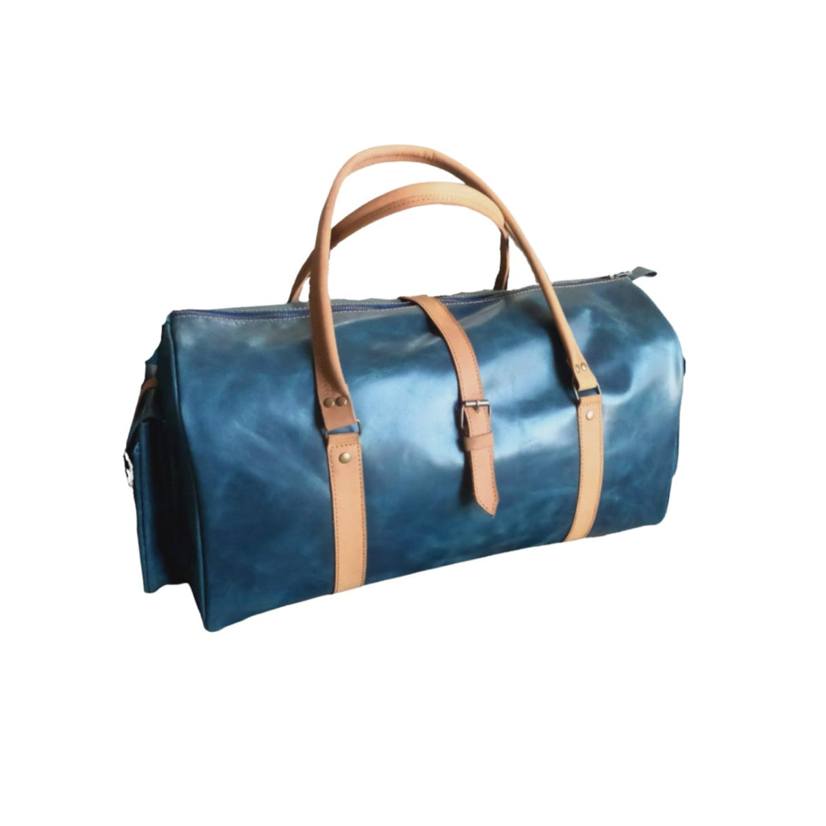 Navy & Tan Full-Grain Leather Duffel Bag – Travel Weekender