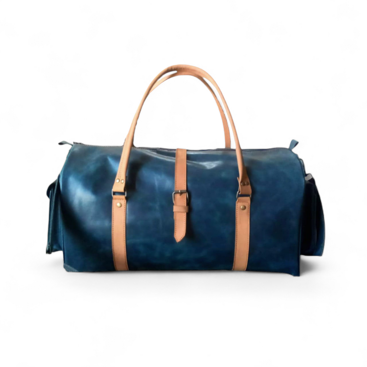 Navy & Tan Full-Grain Leather Duffel Bag – Travel Weekender