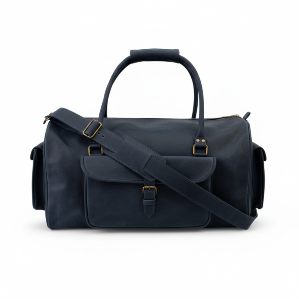 Navy Full-Grain Leather Duffel Bag – Men’s Travel & Gym Holdall
