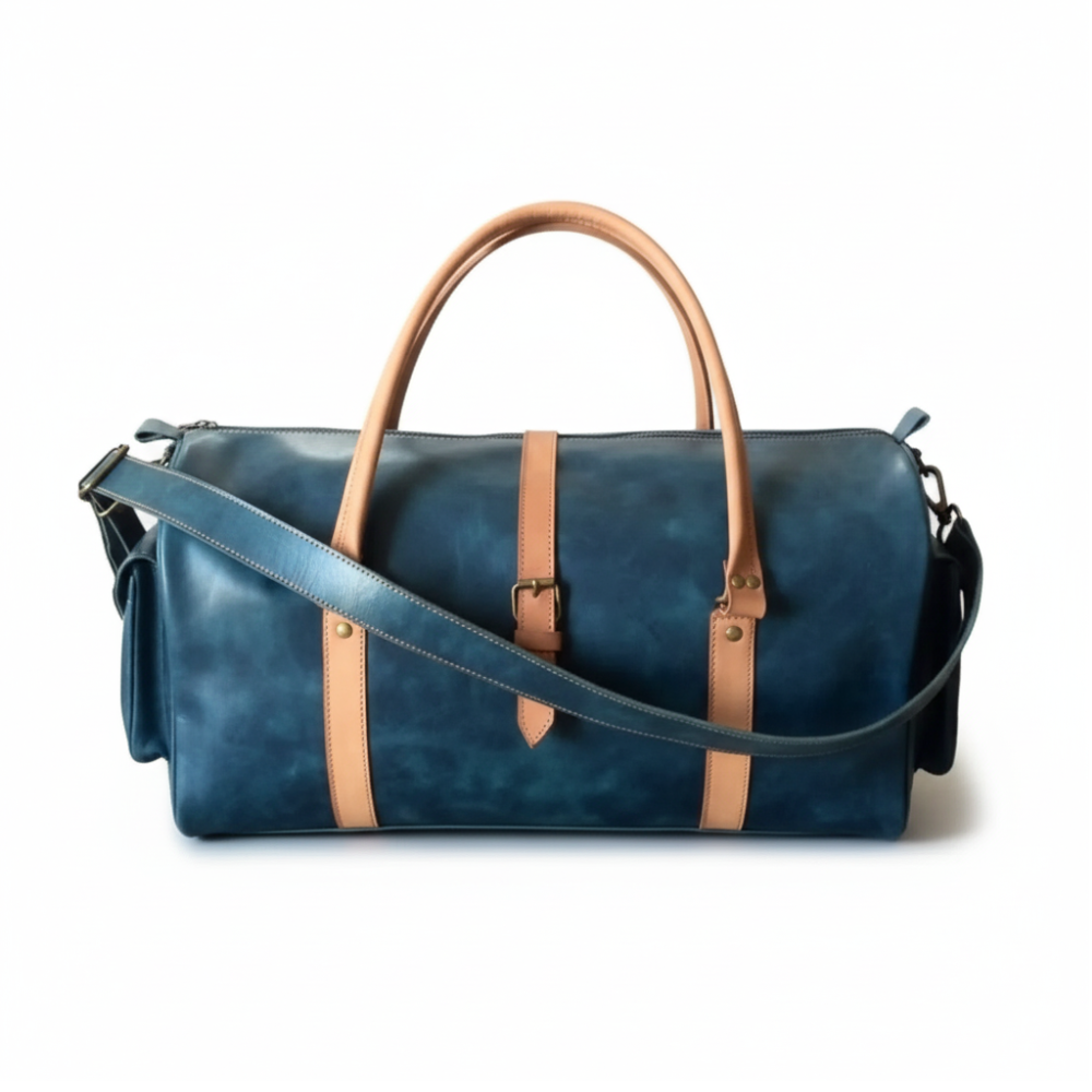 Navy & Tan Full-Grain Leather Duffel Bag – Travel Weekender
