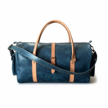 Navy & Tan Full-Grain Leather Duffel Bag – Travel Weekender