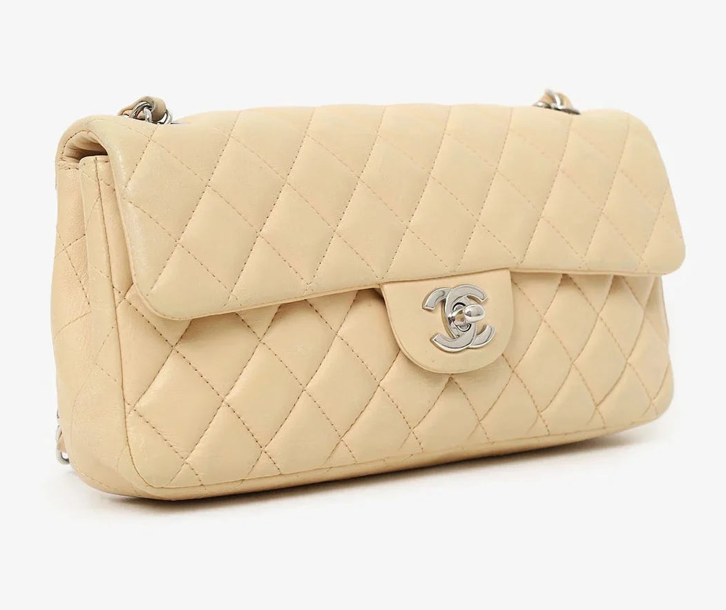 Chanel Classic Flap Bag 25cm Lambskin Leather Silver Hardware Beige