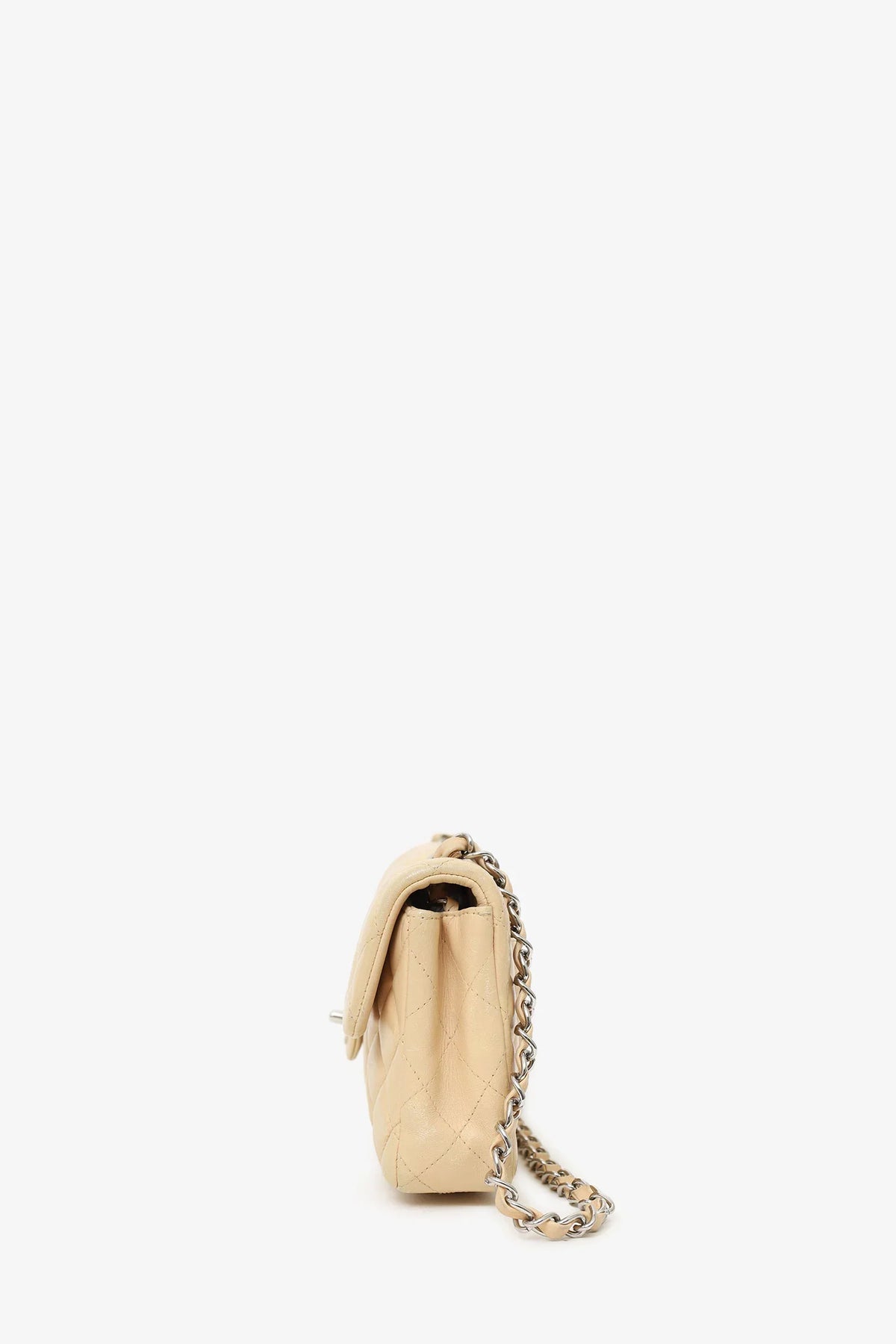 Chanel Classic Flap Bag 25cm Lambskin Leather Silver Hardware Beige