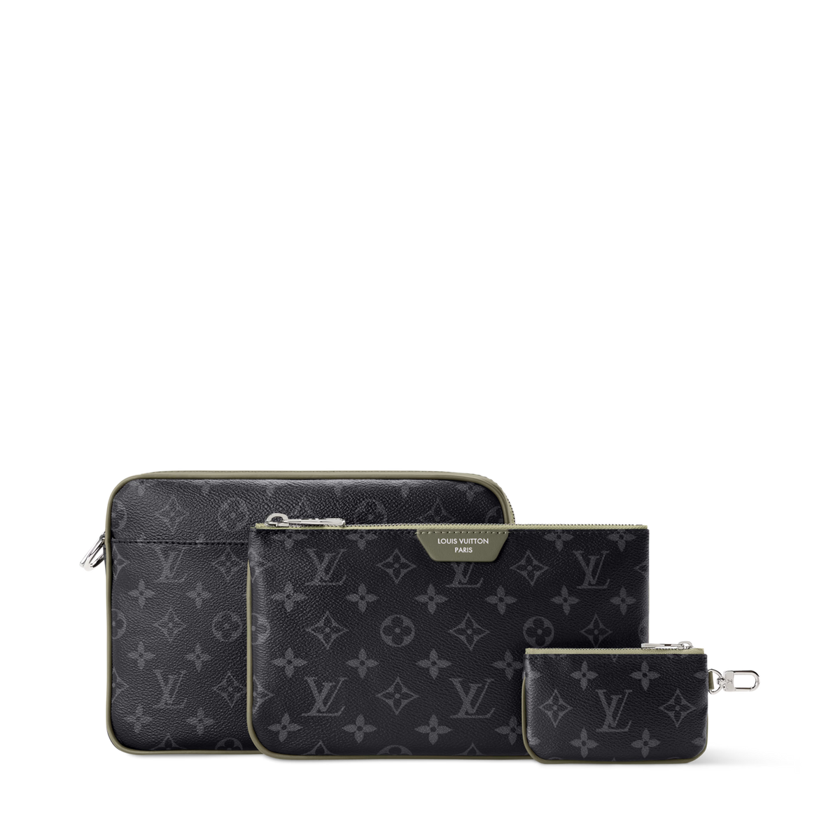 Trio Messenger Monogram Eclipse Canvas Khaki Green Ruthenium-Tone Brass Hardware