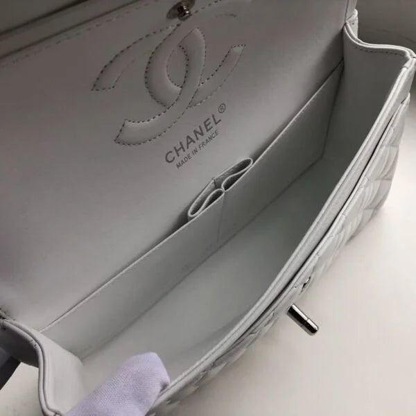 Chanel Classic Flap Bag 25cm Lambskin Leather Silver Hardware White